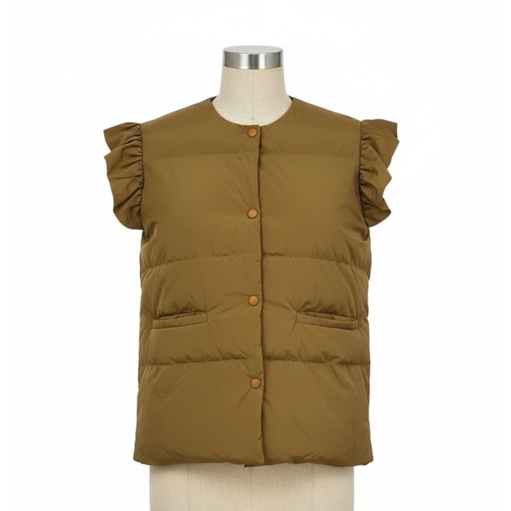 Bucket List Ruffle Shoulder Puffer Vest Brown Tan Medium